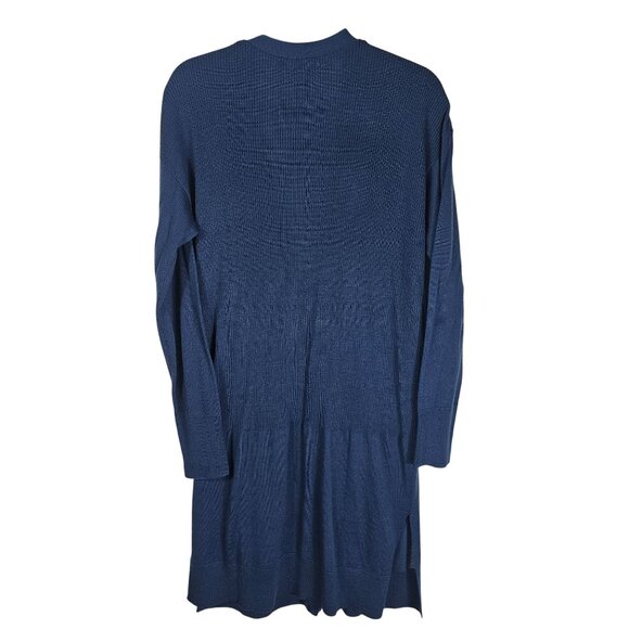 Halogen Merino Wool Blend Long Ribbed Cardigan L Teal Pockets Side Slits Relaxed - Picture 2 of 9